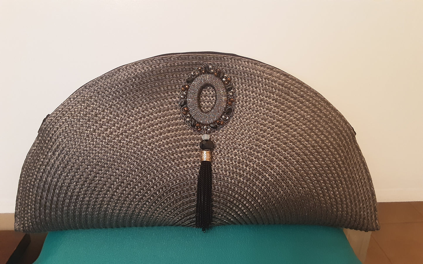 Charcoal Gray Straw & Black Tassel Clutch