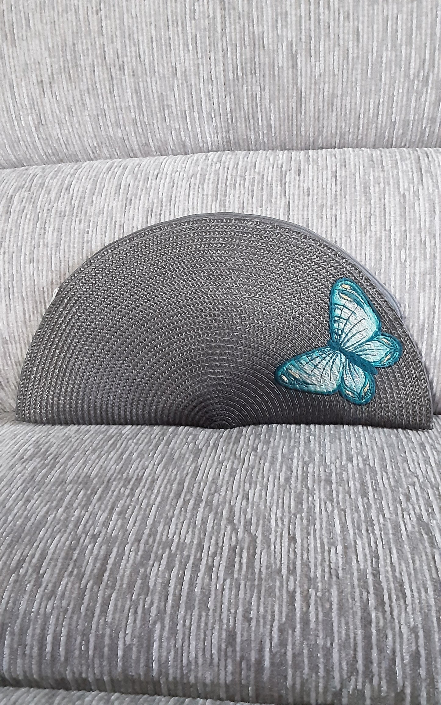 Gray Straw Clutch w/Embroidered Butterfly