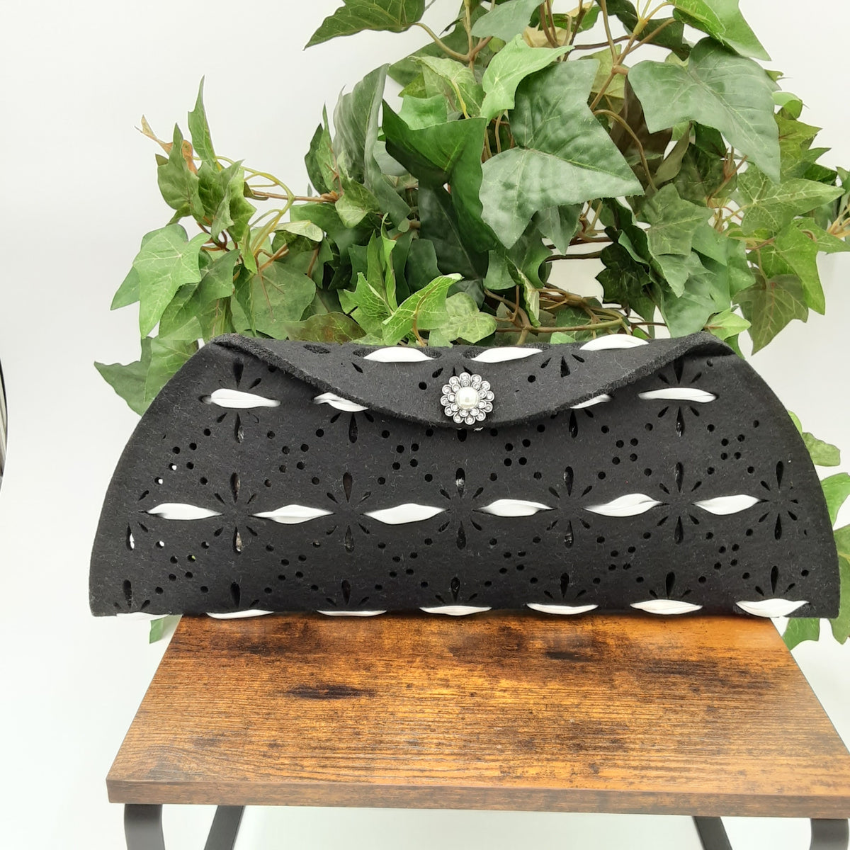 White Ribbon/Black Felt Clutch