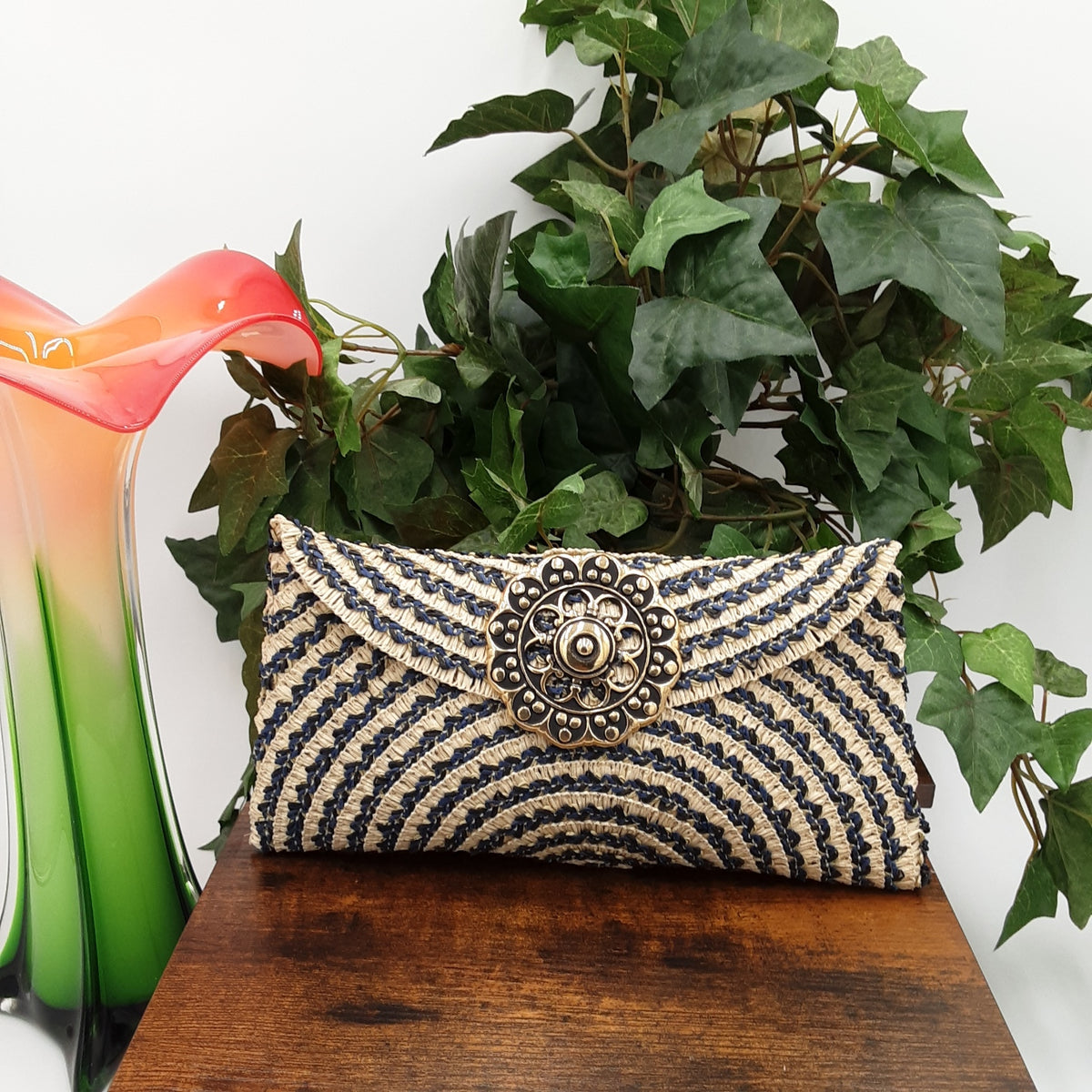 Navy Blue & Beige Straw Clutch