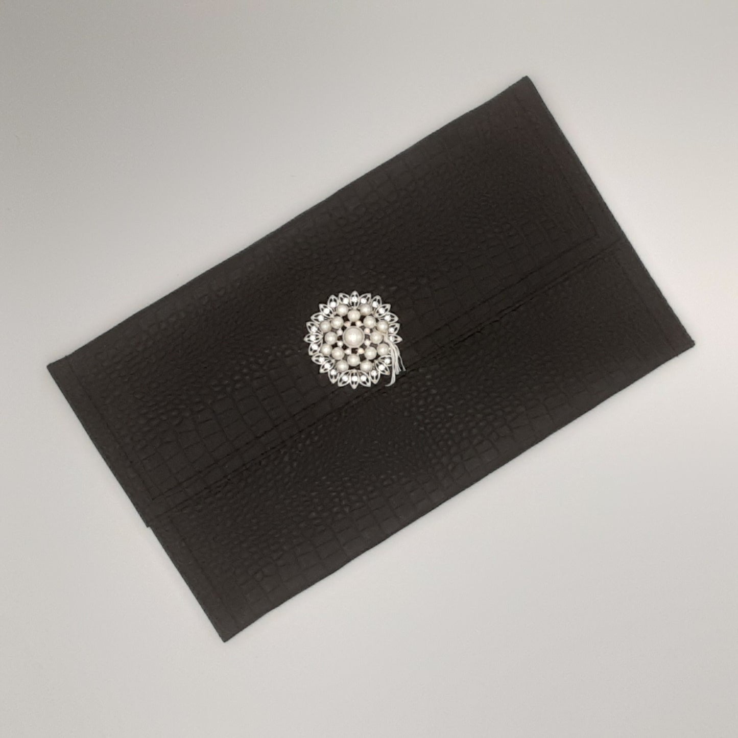 Black Gator Leather Clutch/Pearl-Rhinestone closure