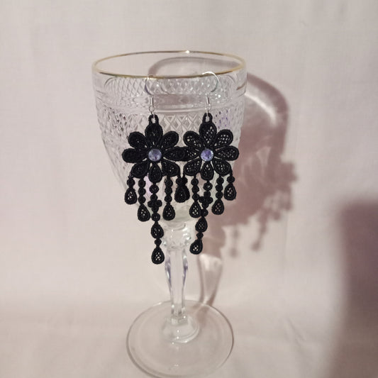 Black Embroidered Chandalier Earrings w/Centered Rhinestones