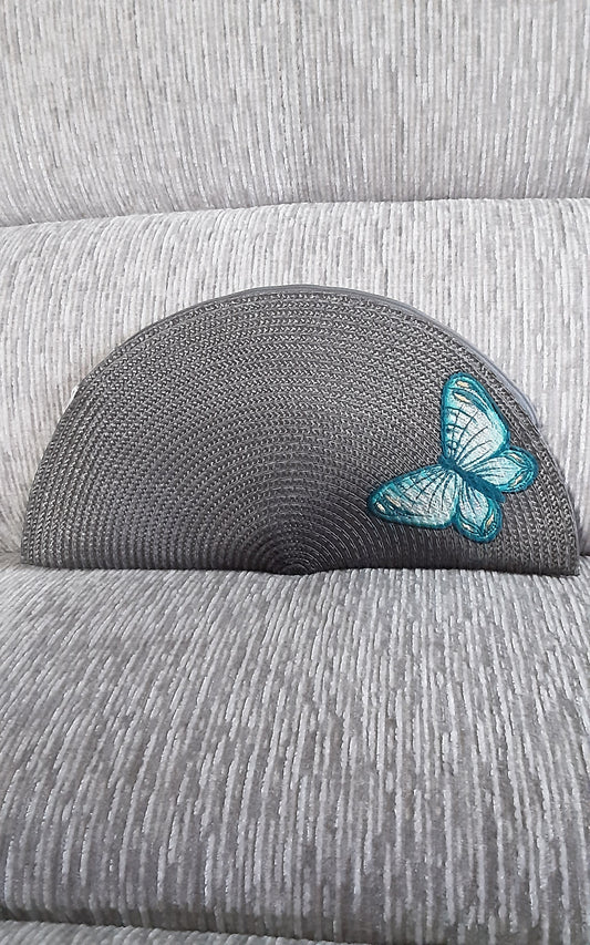 Gray Straw Clutch w/Embroidered Butterfly