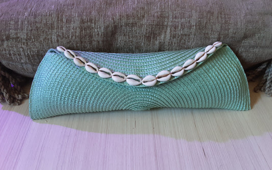 Green Straw-n-Cowrie Shells Clutch