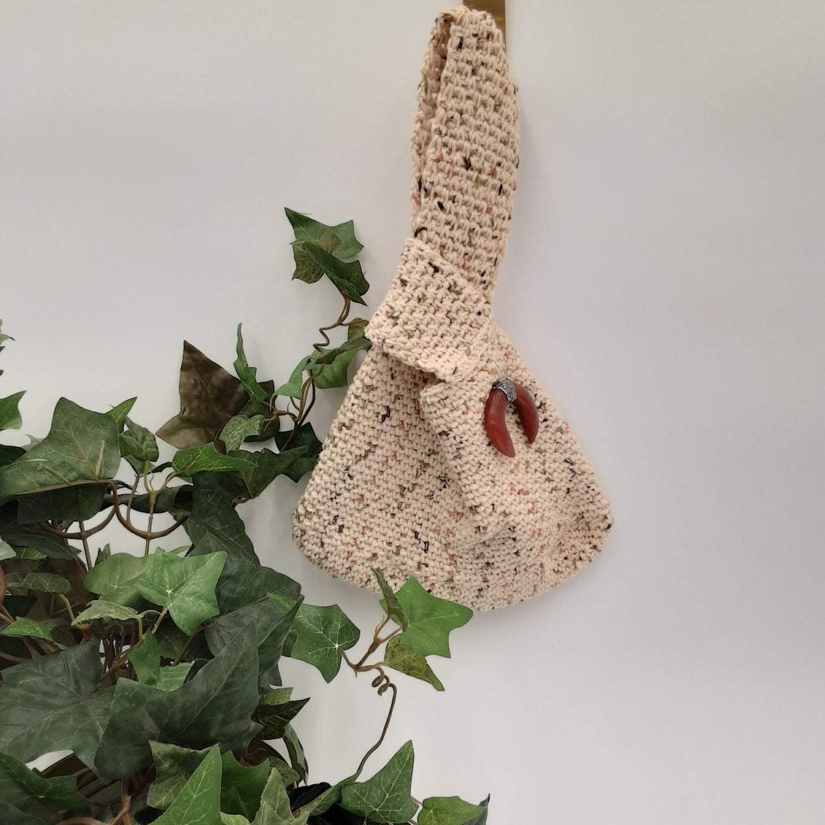 Multi-Fleck-on-Beige Cotton Thread w/ Brown Bedazzled Stone Broach