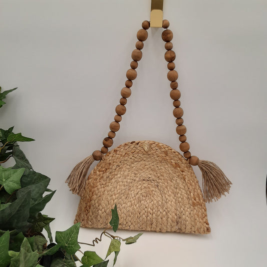 100% Jute Shoulder Bag w/Wood Bead & tasseled Strap