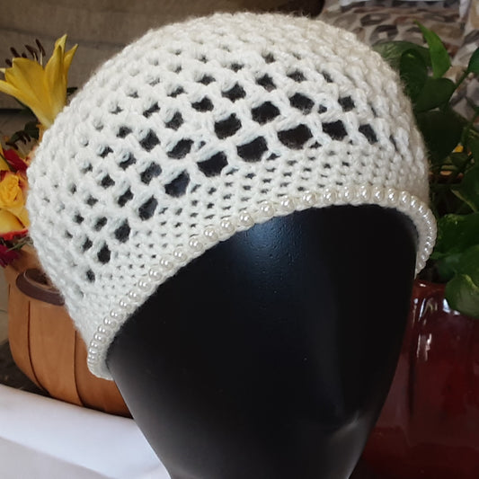 Beige - Faux Pearl Trimmed Beret