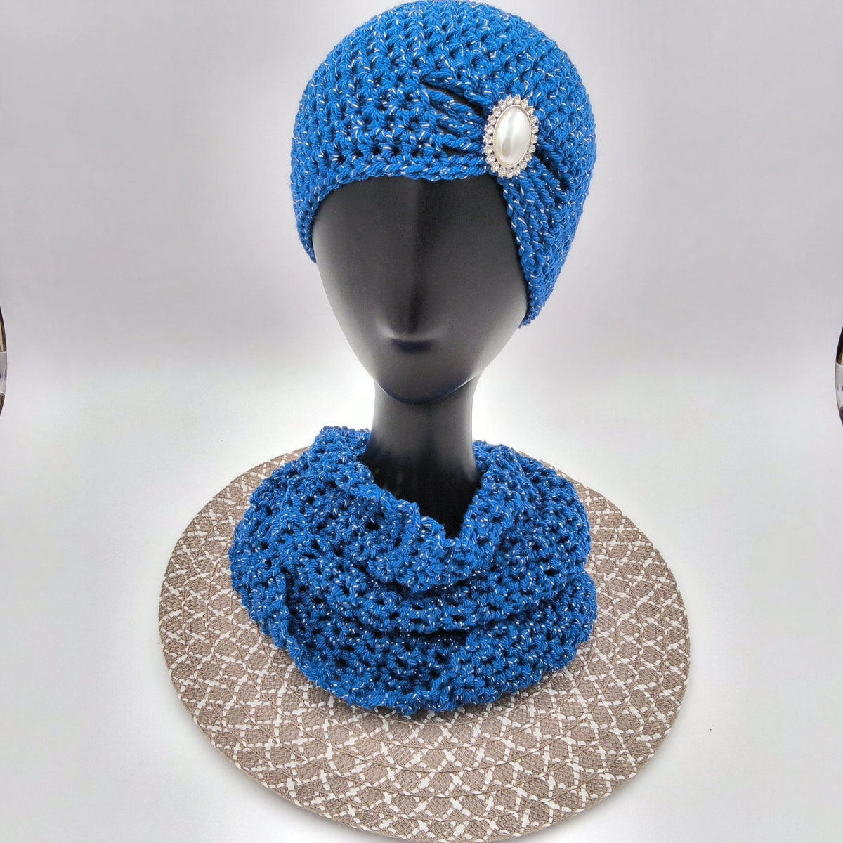 Royal Blue Vintage Crochet Hat and Scarf Set