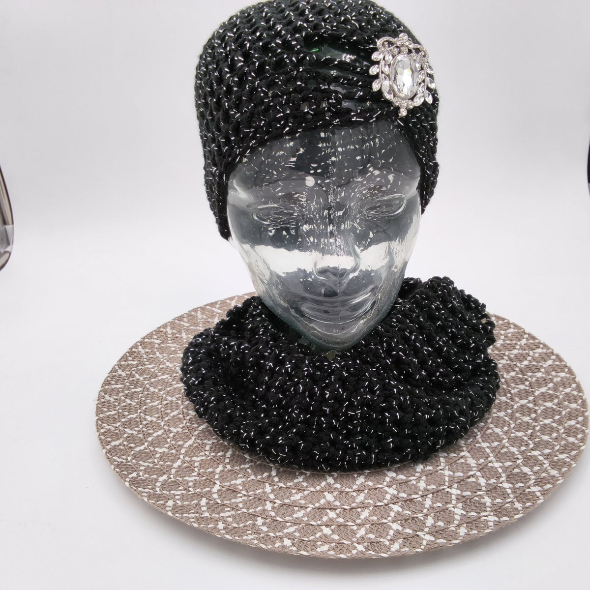 Black Vintage Crochet Hat and Infinity Scarf Set